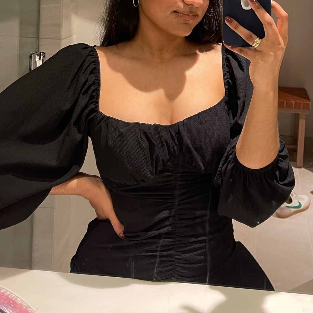TOPSHOP Black Longsleeve Ruched Dress